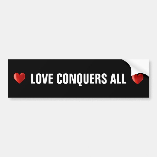 Red Hearts & Love Conquers All Text on Black Bumper Sticker (Front)