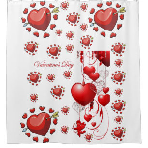 red hearts love valentines red white showercurtain shower curtain