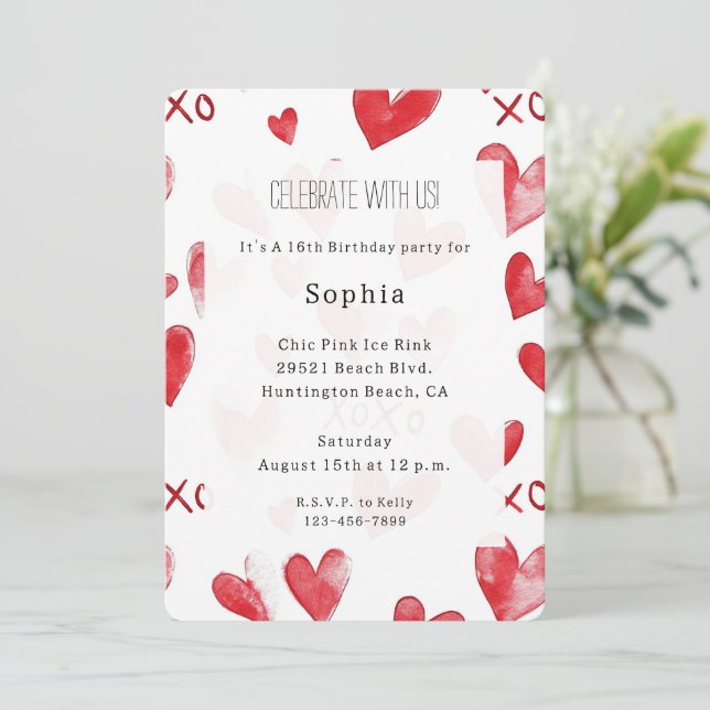 Red Hearts Love XOXO Birthday Invitation (Standing Front)