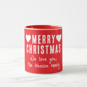 Red Hearts Merry Christmas Family Name Gift Mug