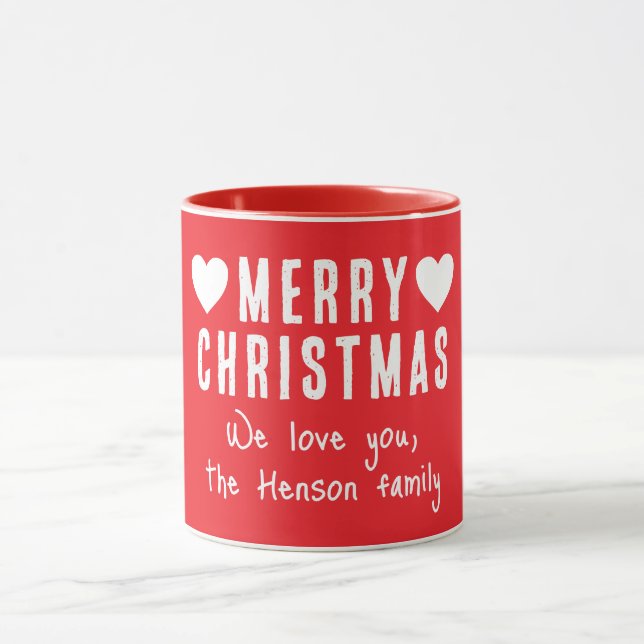 Red Hearts Merry Christmas Family Name Gift Mug (Center)