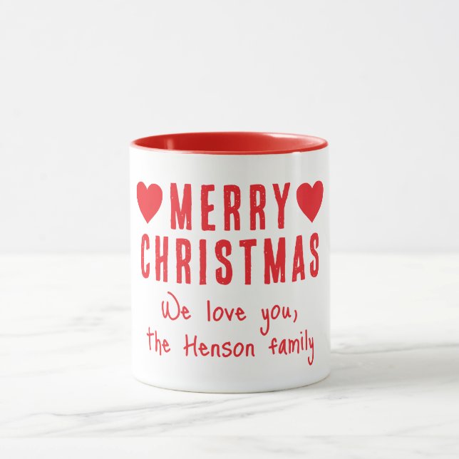 Red Hearts Merry Christmas Family Name Gift Mug (Center)
