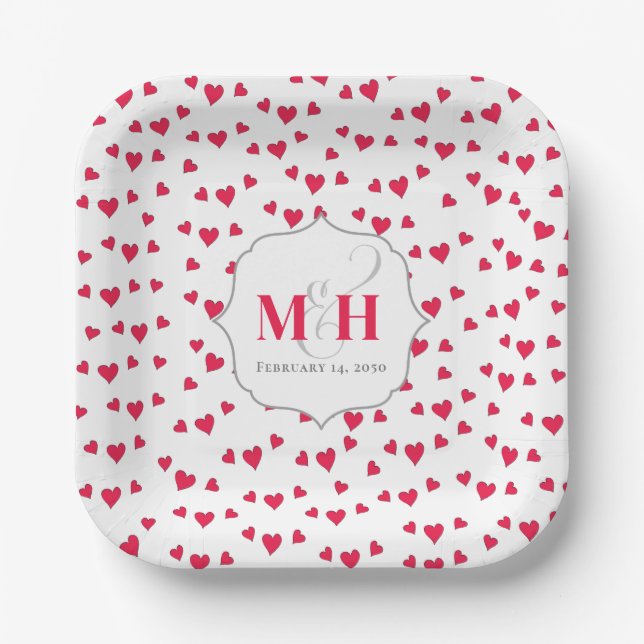 Red Hearts Monogram Calligraphy Script Ampersand Paper Plate (Front)