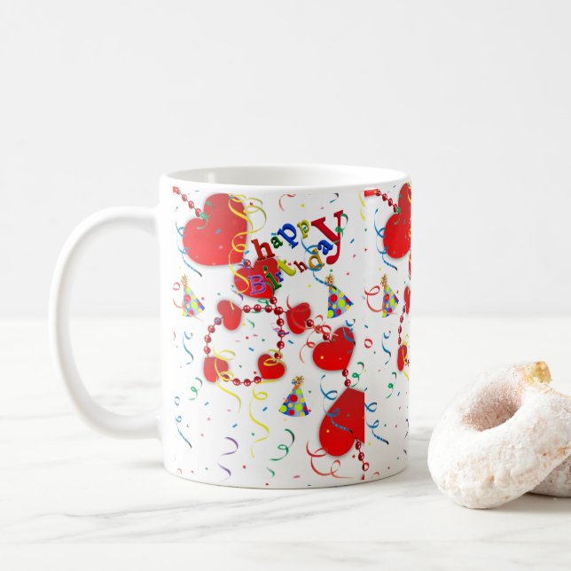 Red Hearts Mug Happy Birthday Mug (With Donut)