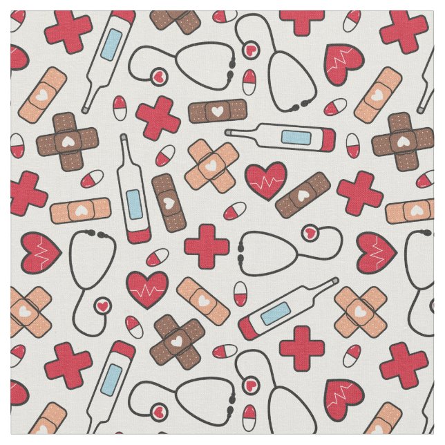 Red Hearts Nurse Doctor Pattern Fabric (Close Up)