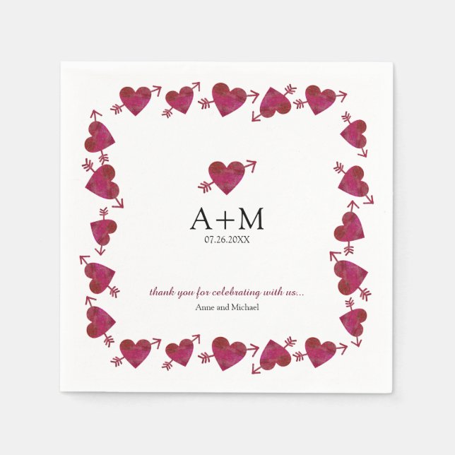 Red hearts of love wedding celebration napkin (Front)