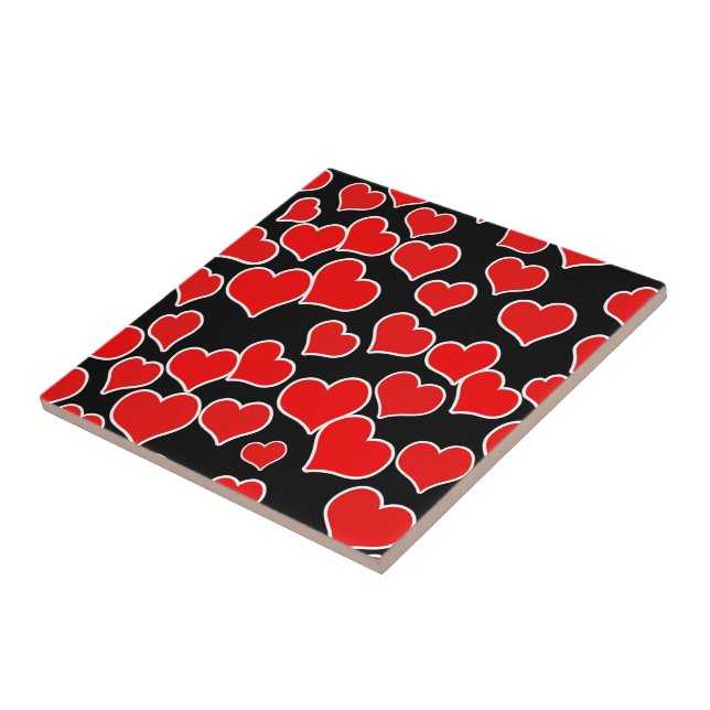 Red Hearts on Black Background Ceramic Tile (Side)