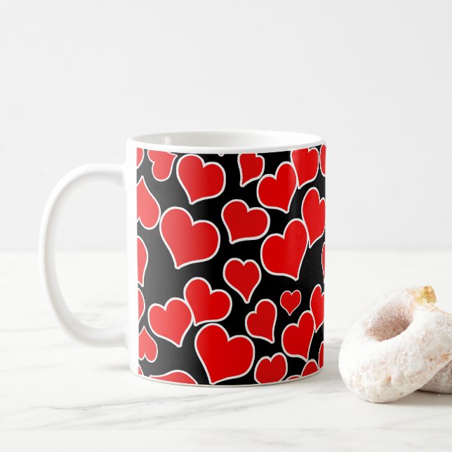 Red Hearts on Black Background Coffee Mug (With Donut)