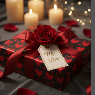 Red Hearts on Black Romantic Wrapping Paper