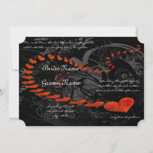 Red Hearts on Black Swirls Wedding Invitation