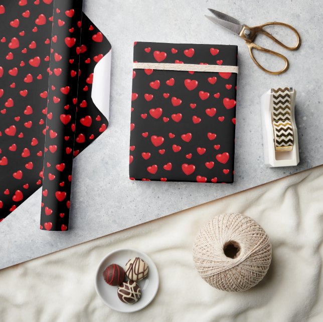 Red Hearts On Black Wrapping Paper (Crafts)