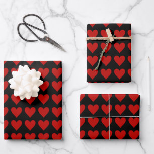 Red Hearts on Black Wrapping Paper Sheet