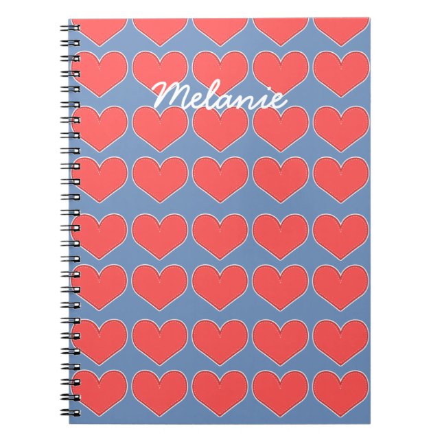 Red Hearts on Blue Pattern Personalised Notebook (Front)
