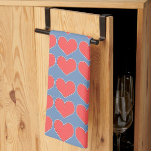 Red Hearts on Blue Pattern Tea Towel
