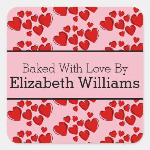 Red Hearts on Custom Name Baked With Love By Square Sticker