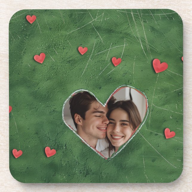 Red Hearts on Green Grass Coaster (Front)