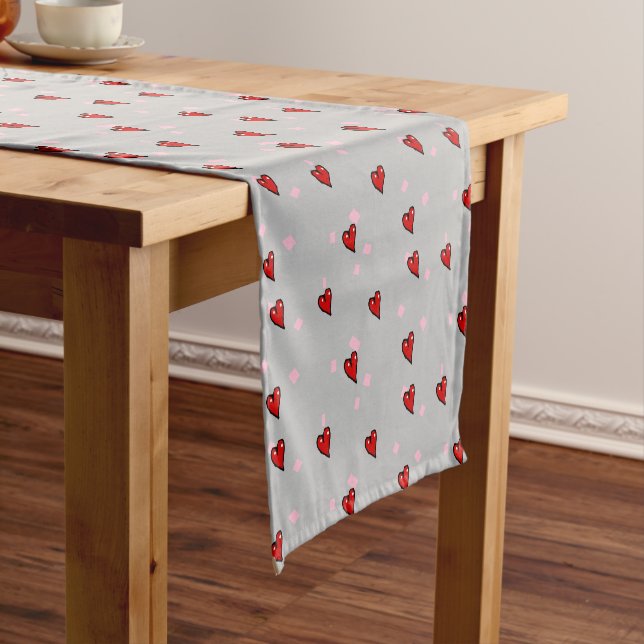 Red hearts on grey short table runner (In Situ)
