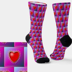 Red Hearts on Pink & Grey  Socks