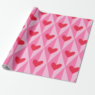 Red Hearts On Retro Split Pink Diamonds Wrapping Paper