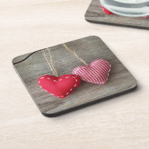Red Hearts on Wooden Table 2 Coaster