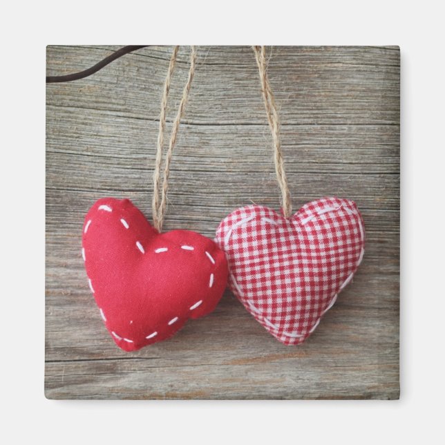 Red Hearts on Wooden Table 2 Magnet (Front)