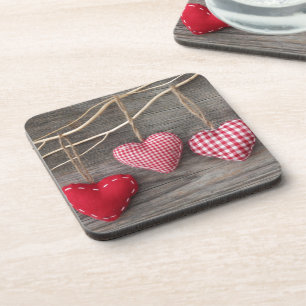 Red Hearts on Wooden Table Coaster