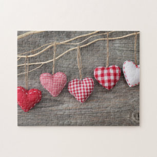 Red Hearts on Wooden Table Jigsaw Puzzle