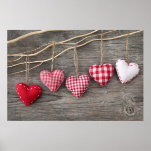 Red Hearts on Wooden Table Poster