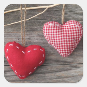 Red Hearts on Wooden Table Square Sticker