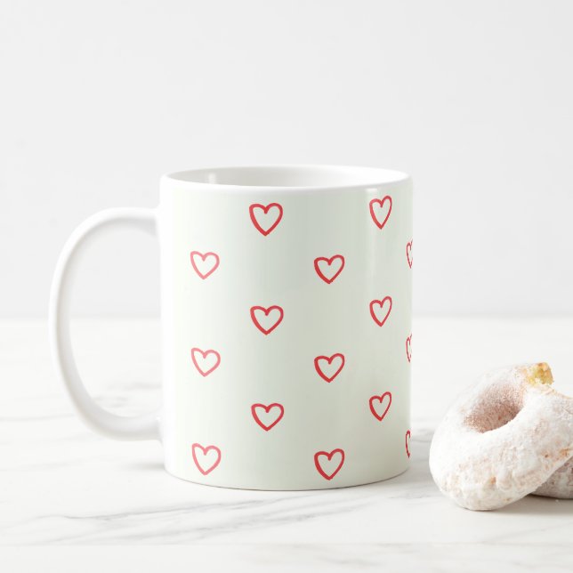Red Hearts Pattern, Cute, Love Coffee Mug (With Donut)