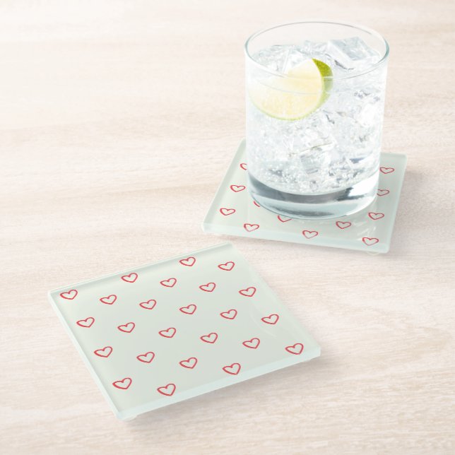 Red Hearts Pattern, Cute, Love Glass Coaster (Angled)