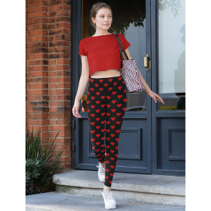 Red Hearts Pattern Love Black Fashion Yoga Workout Leggings