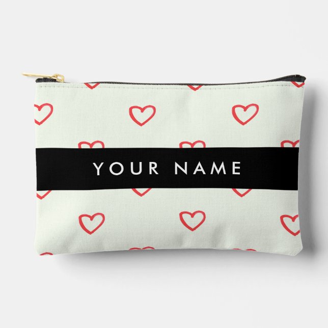 Red Hearts Pattern, Love, Your Name, Personalise Accessory Pouch (Front)