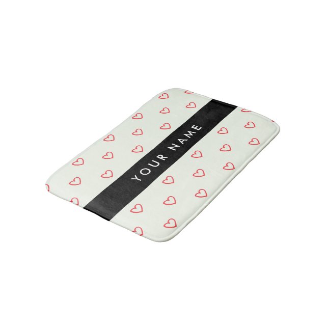 Red Hearts Pattern, Love, Your Name, Personalise Bath Mat (Angled)