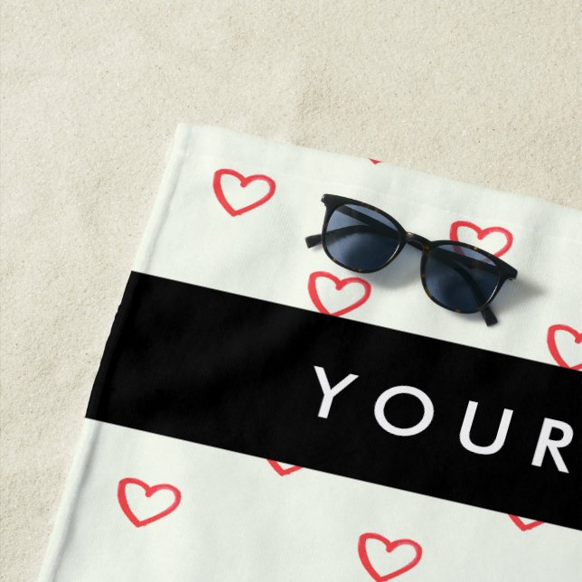 Red Hearts Pattern, Love, Your Name, Personalise Beach Towel (In Situ)