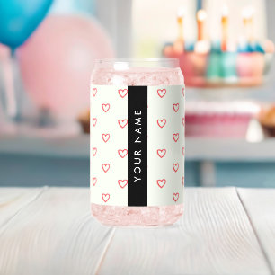 Red Hearts Pattern, Love, Your Name, Personalise Can Glass