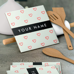 Red Hearts Pattern, Love, Your Name, Personalise Ceramic Tile