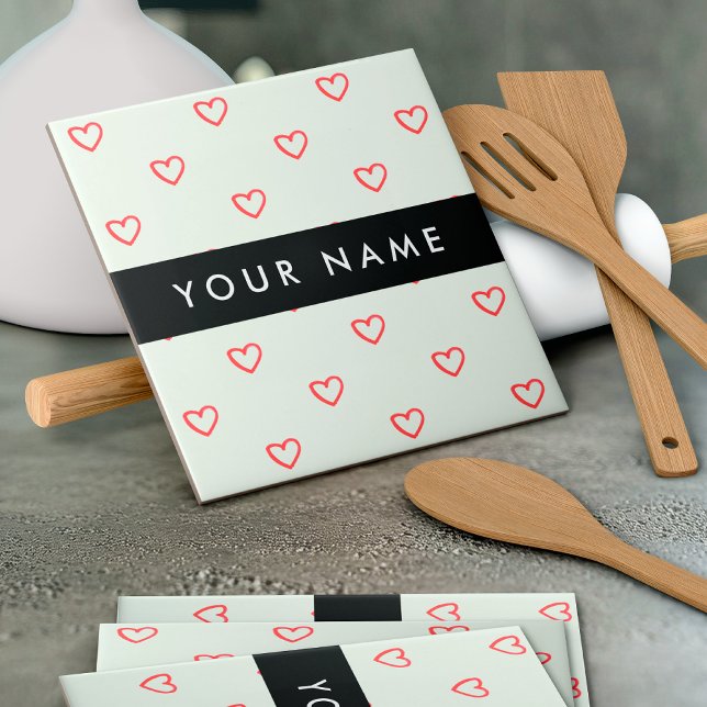 Red Hearts Pattern, Love, Your Name, Personalise Ceramic Tile (Creator Uploaded)