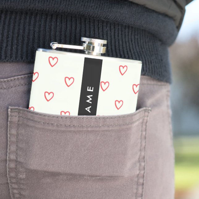 Red Hearts Pattern, Love, Your Name, Personalise Hip Flask (In Situ)
