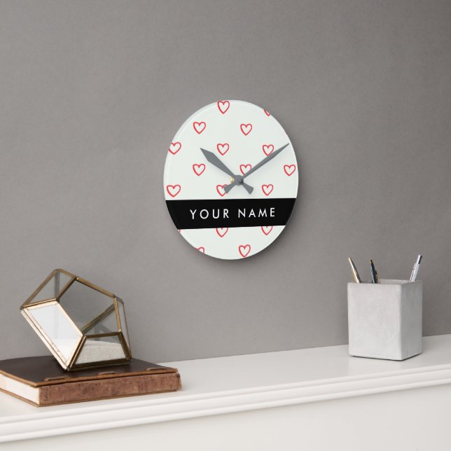 Red Hearts Pattern, Love, Your Name, Personalise Round Clock (Office)