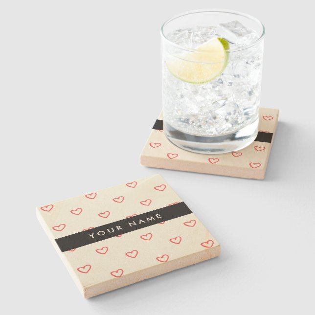 Red Hearts Pattern, Love, Your Name, Personalise Stone Coaster (Side)