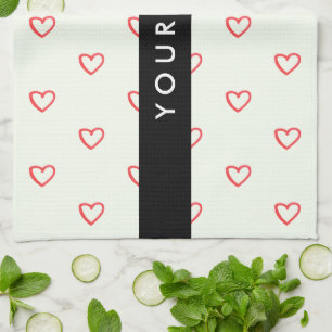 Red Hearts Pattern, Love, Your Name, Personalise Tea Towel