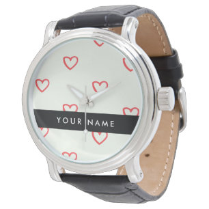 Red Hearts Pattern, Love, Your Name, Personalise Watch