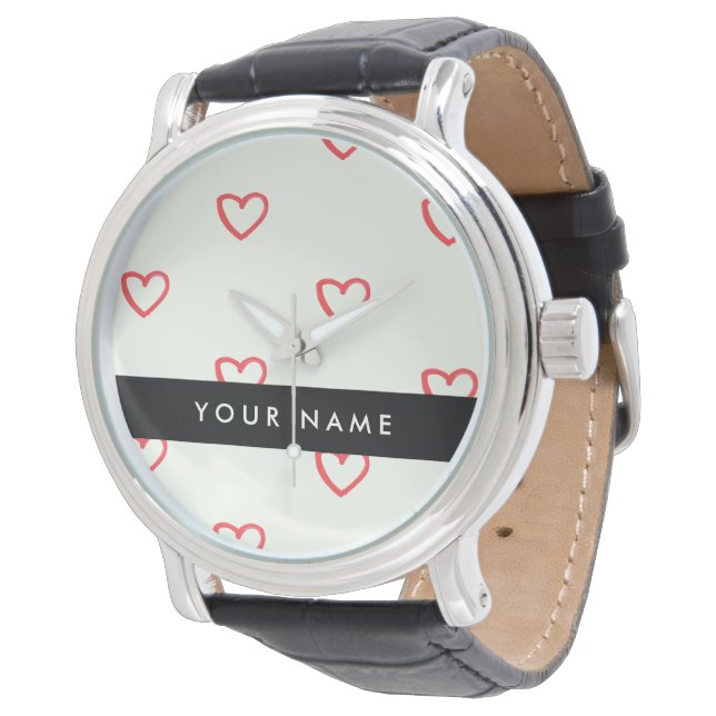 Red Hearts Pattern, Love, Your Name, Personalise Watch (Angled)