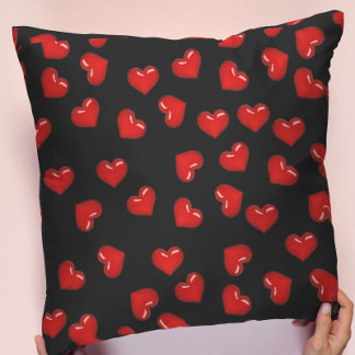 Red Hearts pattern on Black cute romance Cushion
