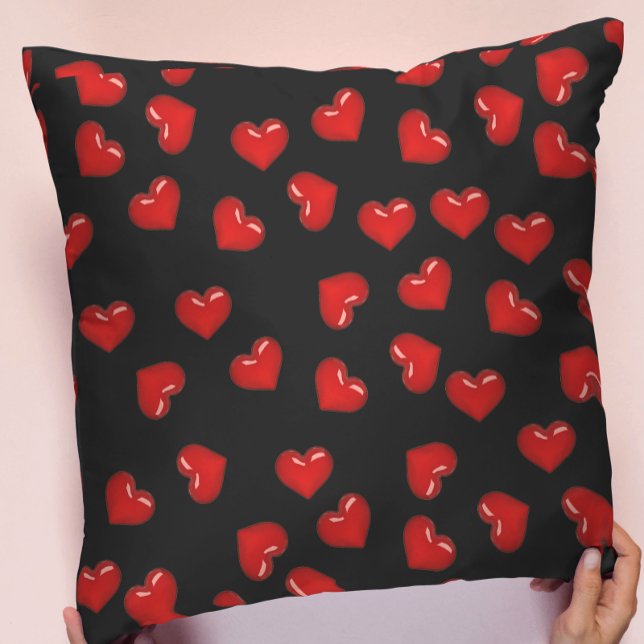 Red Hearts pattern on Black cute romance Cushion (Creator Uploaded)