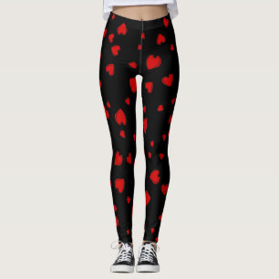 Red Hearts Pattern on Black Leggings