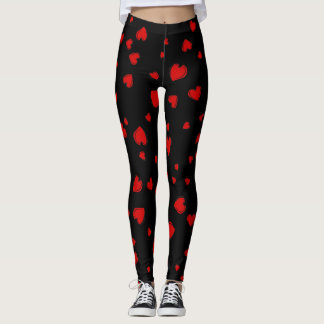 Red Hearts Pattern on Black Leggings
