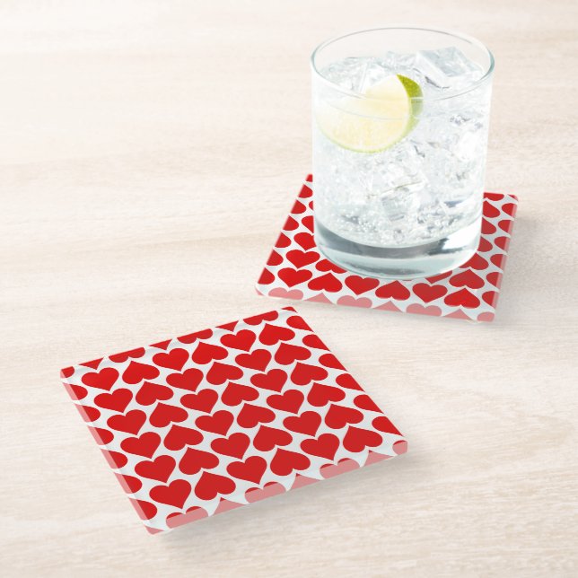 Red Hearts Pattern, Romantic, Love Glass Coaster (Angled)