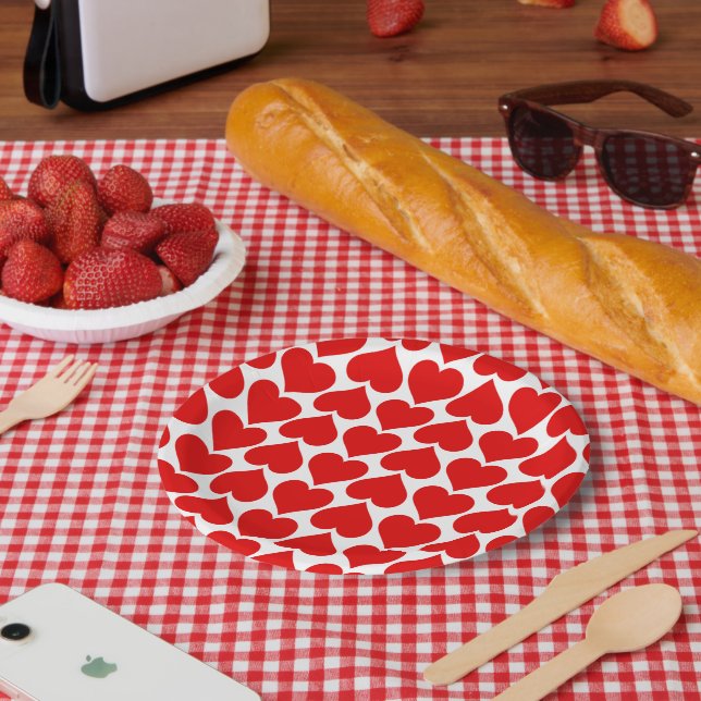 Red Hearts Pattern, Romantic, Love Paper Plate (Picnic)